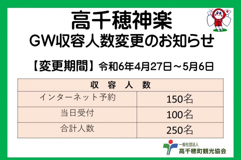 令和6年4月27日～5月6日　高千穂神楽　収容人数変更のお知らせ